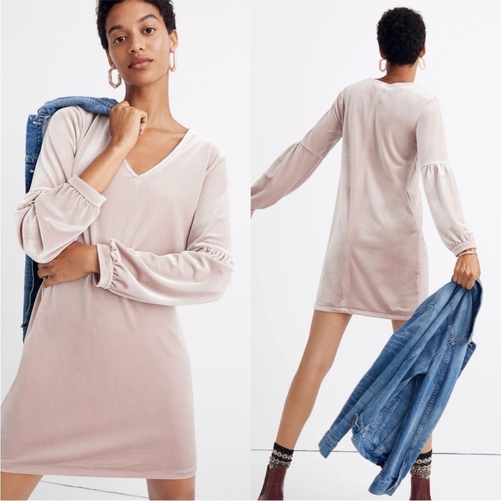 Madewell | Velvet Balloon-Sleeve Dress Taupe Large R5